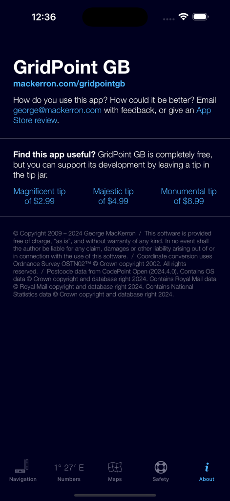 GridPoint GB - The about and support screen of the GridPoint GB app featuring developer feedback links and tip jar options for users.
