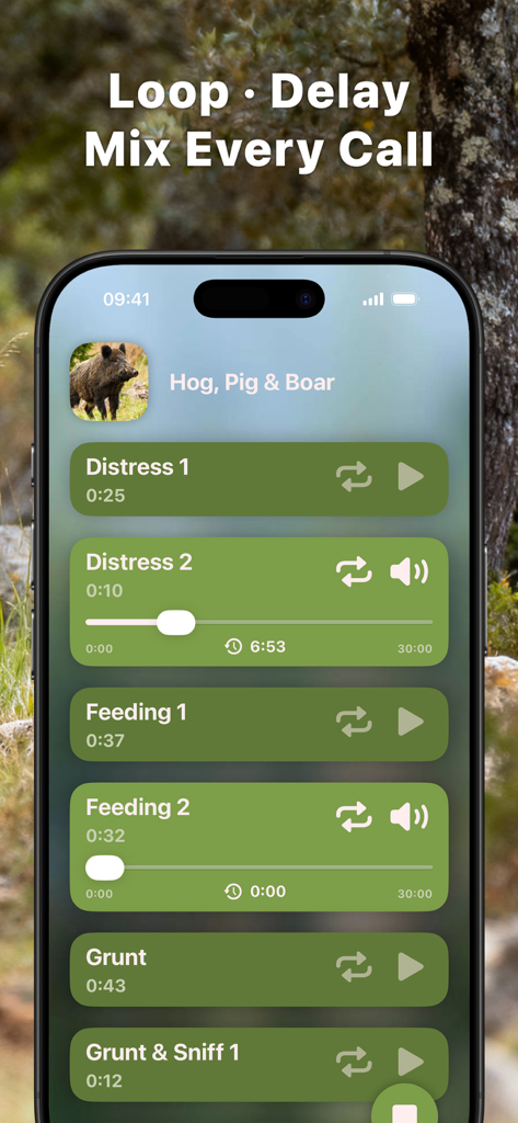 Hunting Calls: Hog, Pig & Boar - Hog hunting calls app interface with sound list and playback controls for loop and delay