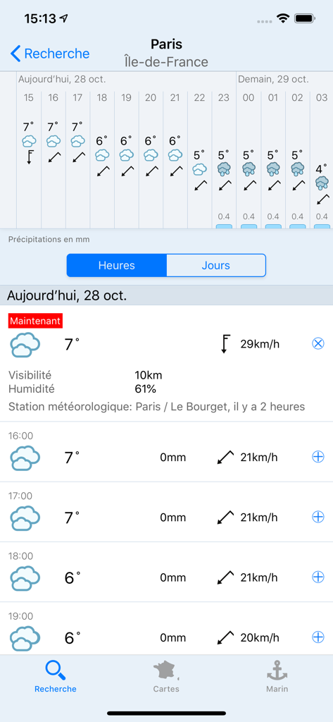 Previsioni meteo orarie per Parigi sull'app mobile Meteorama che mostrano temperatura e velocità del vento
