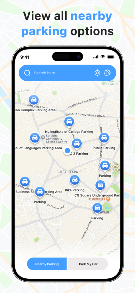 Interface de mapa do App Parking Point mostrando múltiplos locais de estacionamento próximos marcados com ícones de carro azul.