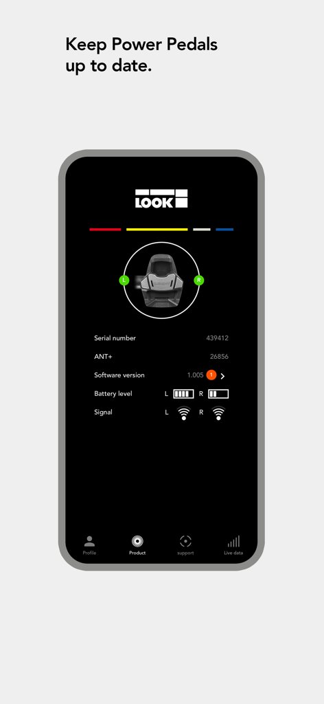 Interfaz de la aplicación LOOK CYCLE que muestra la versión del firmware y el estado de la batería de los pedales de potenciómetro