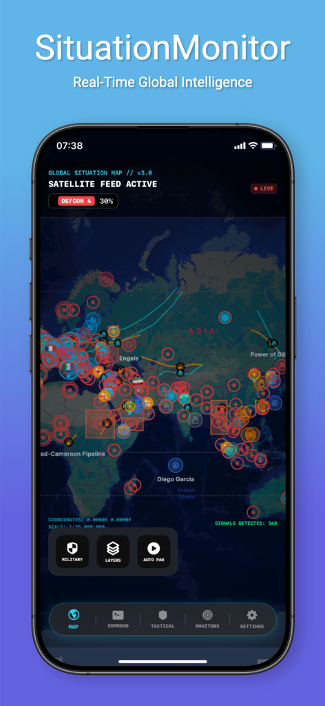 SituationMonitor - SituationMonitor app interface showing a real-time global tactical map with military intelligence and conflict zone overlays