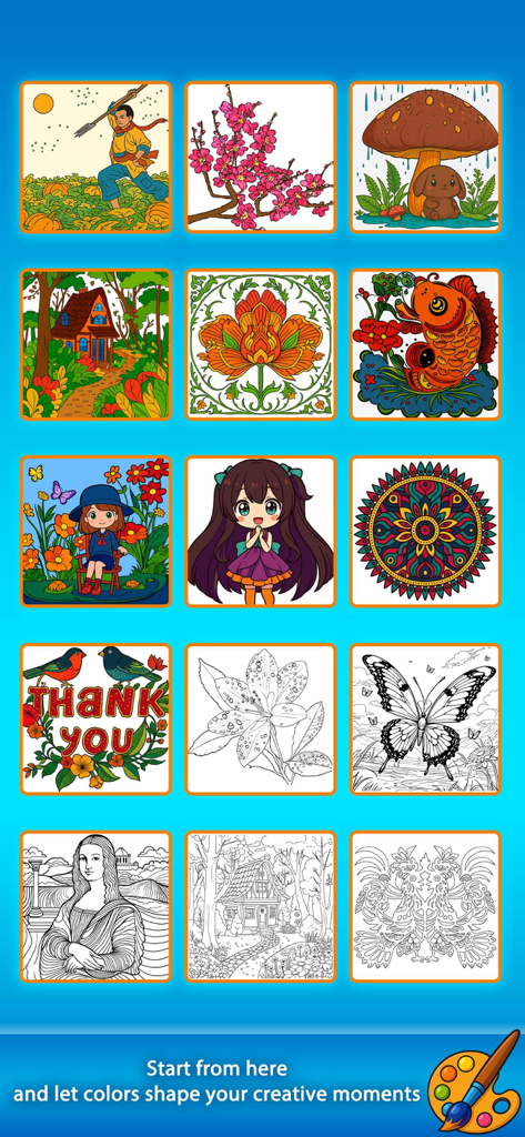 Creative Colors -Color & Relax - A gallery of various coloring patterns including animals plants and mandalas in the Creative Colors app