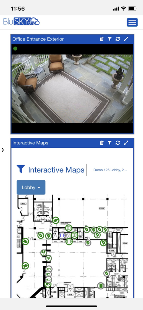 Interface mobile BluSKY montrant un flux de caméra de sécurité en direct d'une entrée de bureau et un plan interactif avec des icônes de sécurité.