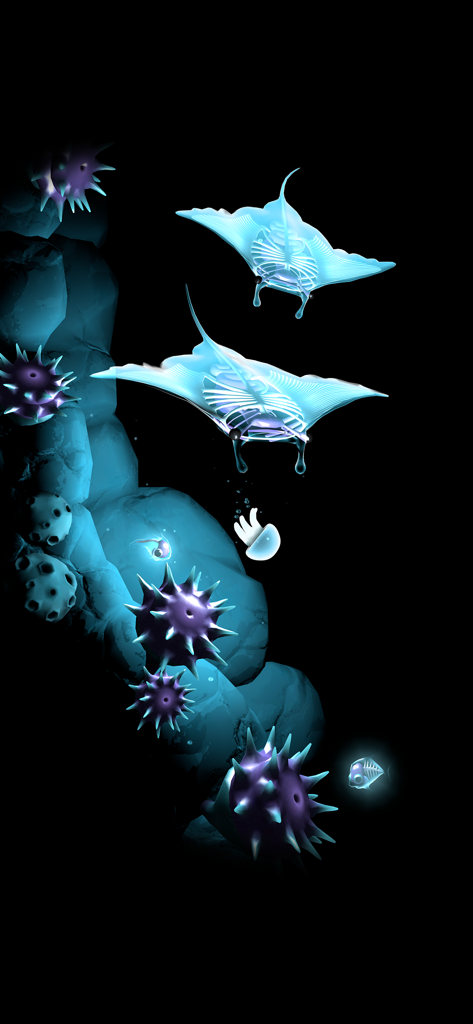 Seashine - Una pequeña medusa nadando junto a mantarrayas bioluminiscentes y criaturas espinosas en el abismo oscuro del océano.