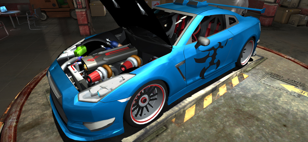 Fix My Car: Premium - A blue sports car with an open hood showing a modified engine in a garage