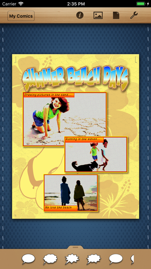 Un diseño de página de cómic digital titulado Días de Playa de Verano, que incluye fotos con filtros de cómic y bocadillos de diálogo