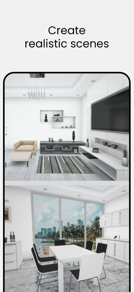 Home Decor - House Design Game - Home Decor ゲームのモダンなリビングルームと都市の景色を望むダイニングルームを示す2つのリアルな3Dインテリアデザインシーン