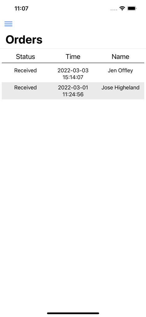 Five Star Restaurant Manager - Mobile application interface showing a list of restaurant orders with status time and customer names