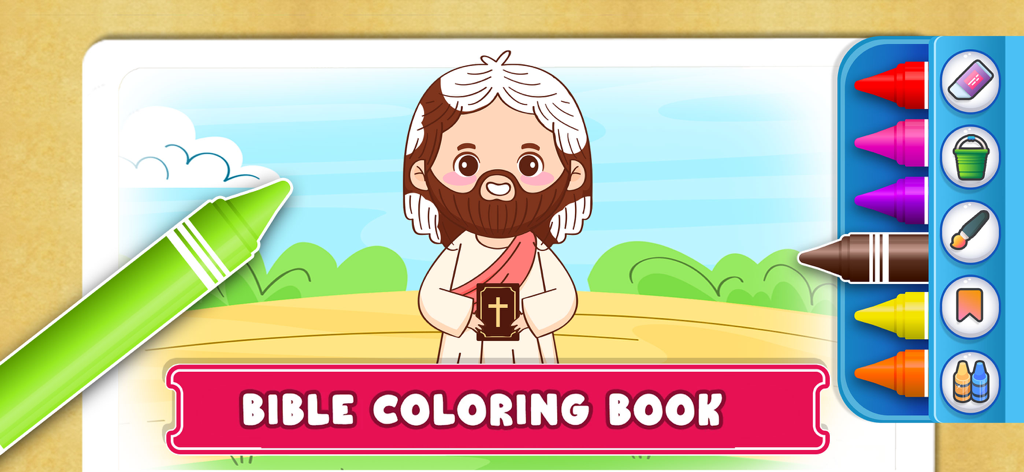 Bible Puzzles and Games - A digital Bible coloring book page for children featuring a cute cartoon Jesus holding a Bible with a colorful crayon palette.