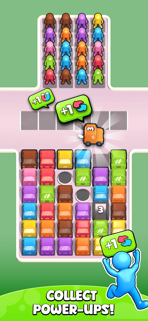 Park Match! - A gameplay screen from Park Match showing a colorful grid of cars with power up icons and the text Collect Power-Ups