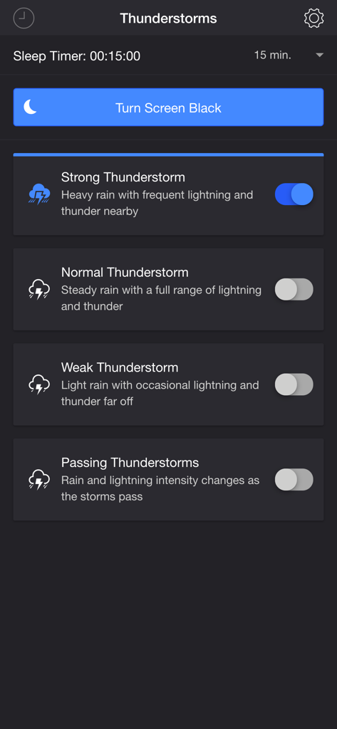 Thunderstorm Simulator - Menu principal do aplicativo Simulador de Tempestade mostrando diferentes configurações de intensidade de tempestade e um temporizador de sono