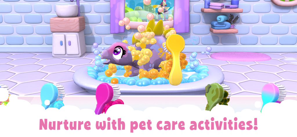 A purple dinosaur toy being washed with bubbles and a yellow brush in the Crayola Scribble Scrubbie Pets app