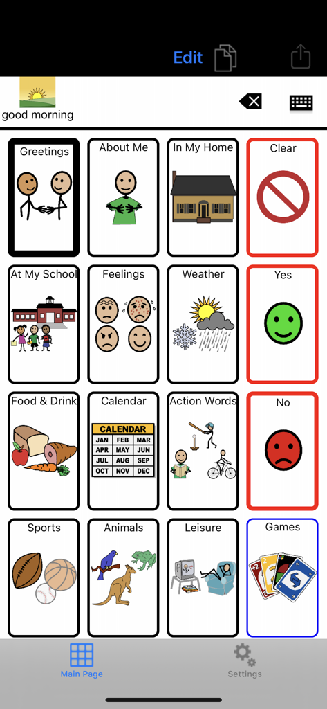 TalkTablet PRO main page grid showing various communication categories and symbols