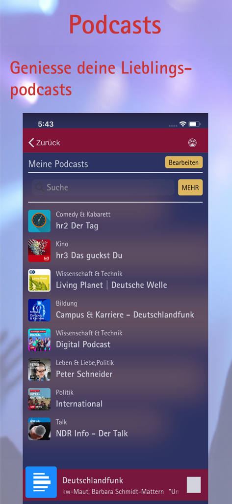 phonostar Radio - Radioplayer - Eine Liste abonnierter Podcasts in der phonostar Radio App mit verschiedenen deutschen Radiosendungen.