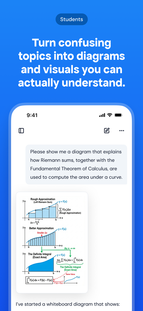 Mindjoy Learning - Mindjoy Learning app interface showing a visual diagram generated by AI to explain calculus concepts like Riemann sums.