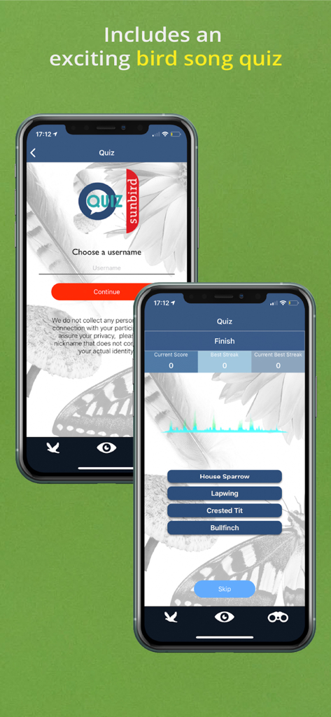 Screenshots of the Bird Song Id UK app showing the interactive bird song identification quiz feature.