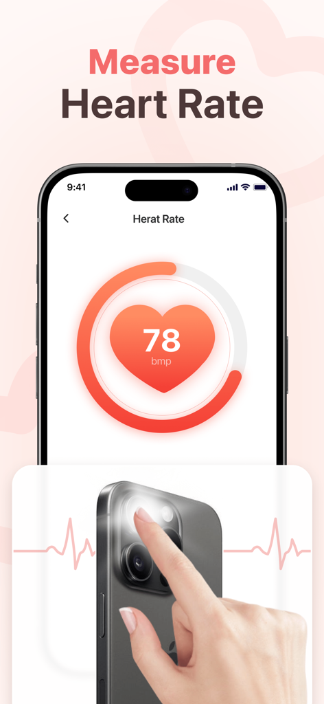 ACE Blood Pressure Monitor - Aplicación Monitor de Presión Arterial ACE que muestra una medición de frecuencia cardíaca de 78 lpm y la colocación del dedo en la cámara