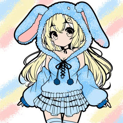 pretty anime girl wearing a fluffy hoodie with bunny ears on the hood and a skirt