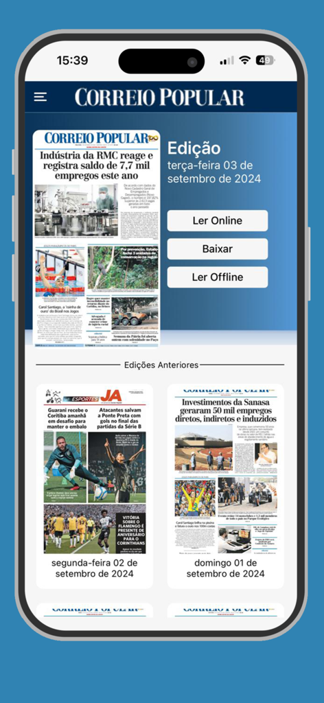 Correio Popular Digital - Interfaz principal de la aplicación Correio Popular Digital que muestra las ediciones diarias del periódico para la comunidad brasileña