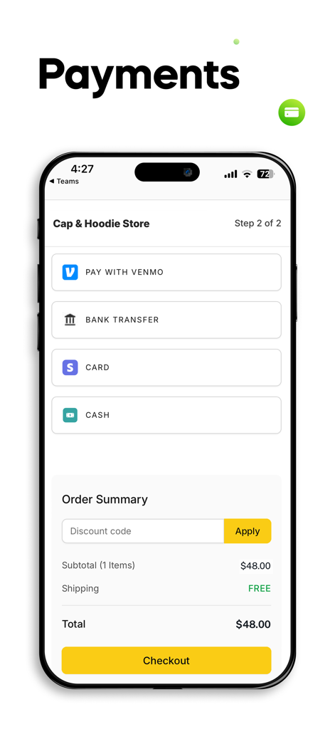 Store.link - Pantalla de pago móvil mostrando métodos de pago que incluyen Venmo, transferencia bancaria y tarjeta de crédito para una tienda en línea.