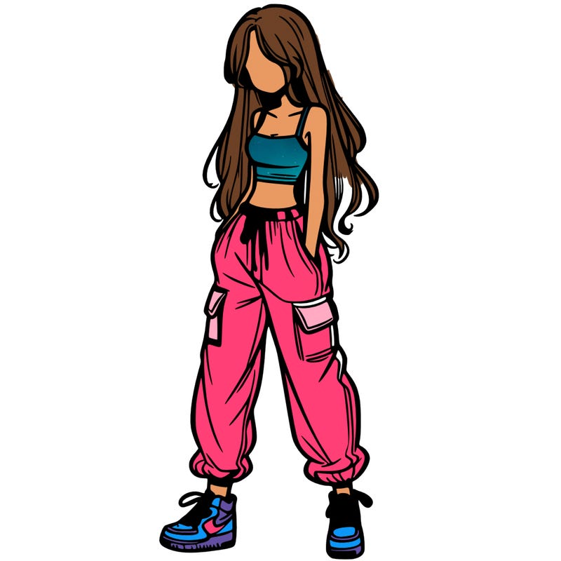 girl in baggy pants crop top and long hair