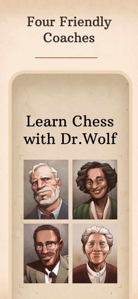 Portrait illustrations of four diverse and friendly chess coach personalities within the Dr. Wolf app interface