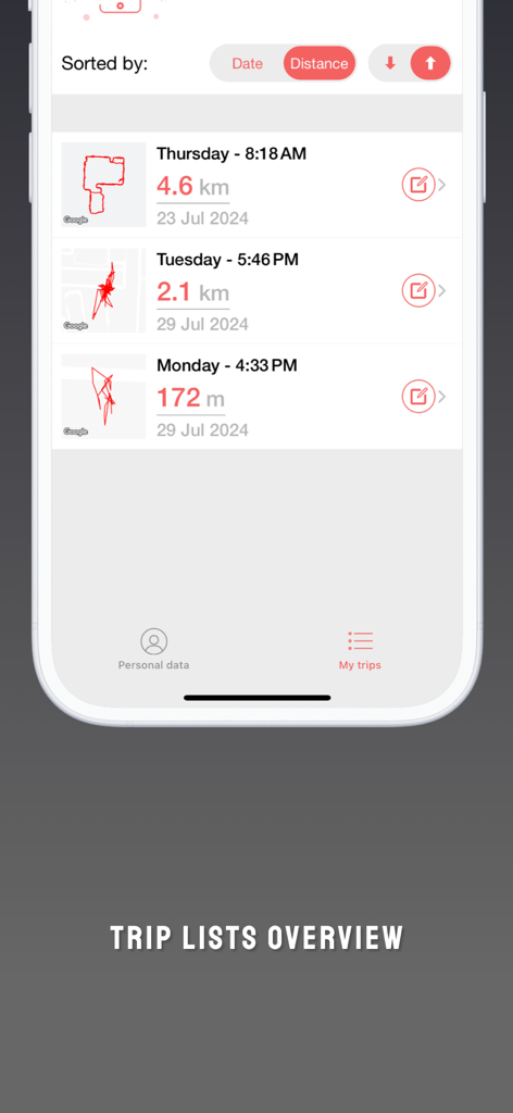 Bike GPS: Ride route tracker - Captura de pantalla de la aplicación GPS para Bicicleta que muestra una lista de rutas anteriores con mapas de ruta y distancias