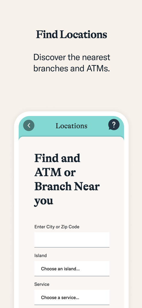 Central Pacific Bank - Central Pacific Bank app screen for finding ATMs and branches by city zip code or Hawaii island