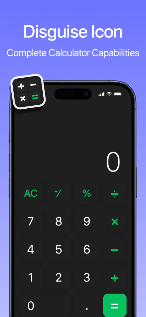 Calculator AppLock - Lock Apps - Pantalla de smartphone que muestra una interfaz de calculadora utilizada para disfrazar el ícono de la aplicación AppLock.