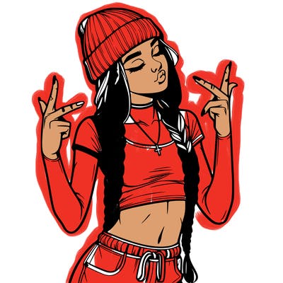 realistic teenage girl with braids and a beanie and crop top doing 🫶🏼