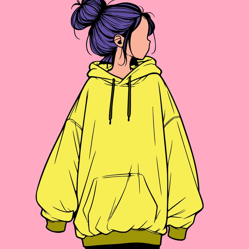 realistic girl with a oversized sweatshirt on and a bun