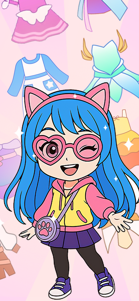 A smiling chibi girl character with blue hair and heart-shaped glasses in a doll dress up game.