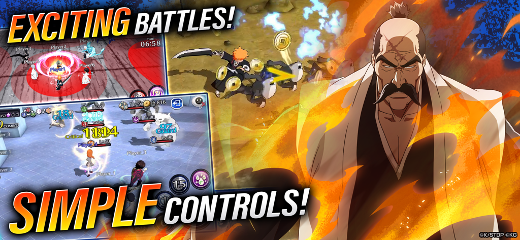 A promotional screenshot of Bleach Brave Souls highlighting exciting 3D battles and simple mobile controls with anime character art.