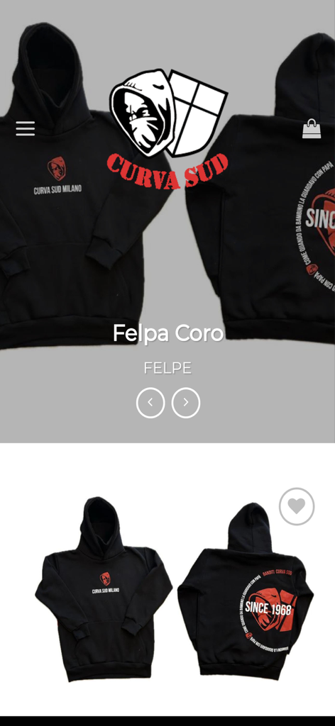 Official black hoodie shown in the Curva Sud Milano app store