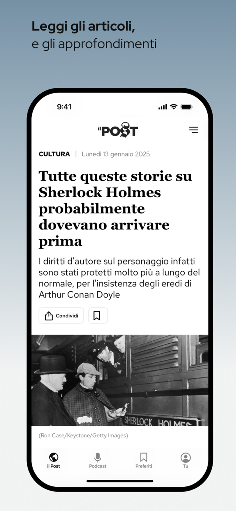 Il Post App - iPhone-Bildschirm, der einen Nachrichtenartikel über Sherlock Holmes in der Il Post App-Oberfläche anzeigt