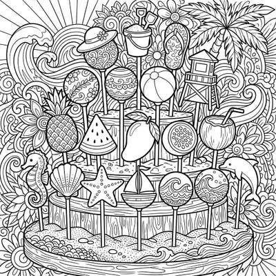 Explore a delicious summer scene with this intricate adult coloring page filled with creatively designed cake pops. Enjoy bringing to life miniature beach accessories, tropical fruits, and whimsical marine motifs.