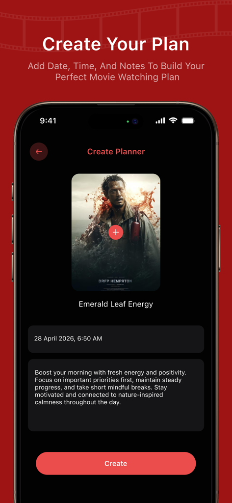 NetMirror : Find Movies & Show - Interface of the NetMirror app showing the Movie Planner feature to schedule watch dates and times with custom notes.