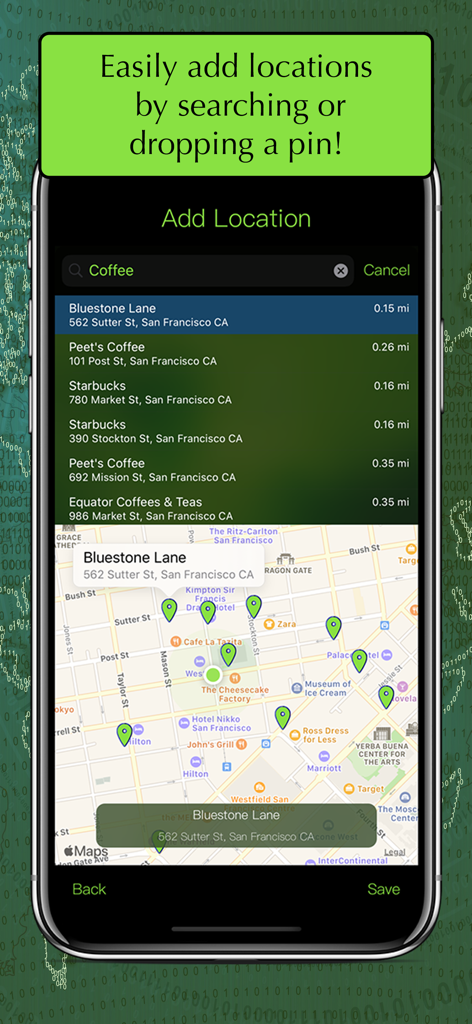 MapIt - Map Multiple Locations - Interface of MapIt app displaying a search for coffee shops with multiple locations marked on a city map.