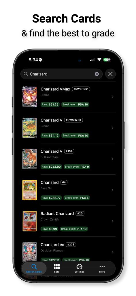 Grading Calculator for Pokemon - Uma interface de aplicativo móvel mostrando uma busca por cartas de Pokémon Charizard com seus preços brutos atuais e níveis de classificação PSA de ponto de equilíbrio.