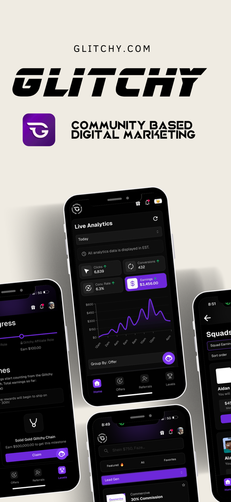 Glitchy Digital Marketing - Mobile app interface for Glitchy showing live marketing analytics and earnings dashboard