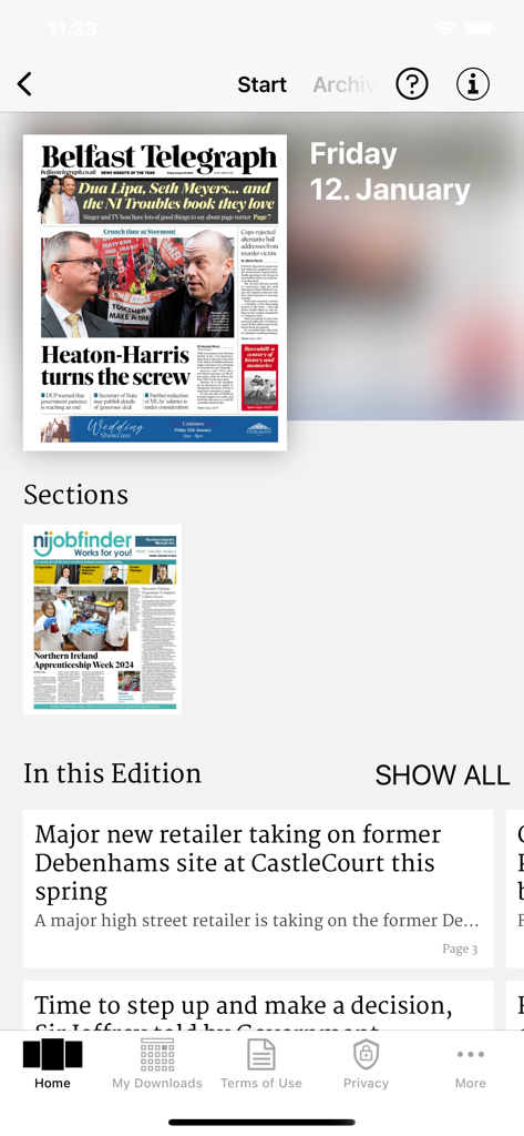 Belfast Telegraph app interface showing a digital replica of the daily newspaper and news sections