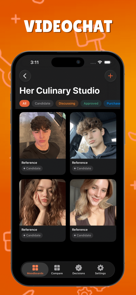 Captura de tela do aplicativo OmeTV mostrando uma interface de moodboard intitulada O Estúdio Culinário Dela com vários cartões de referência de imagem categorizados como candidatos.