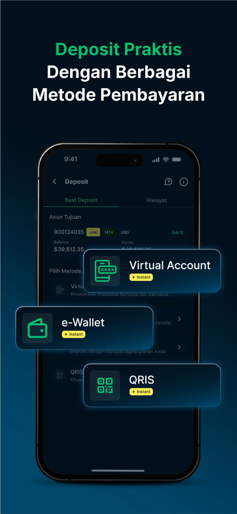 Interfaz de la aplicación móvil MIFX que muestra opciones de depósito que incluyen cuenta virtual, billetera electrónica y QRIS para pagos instantáneos.