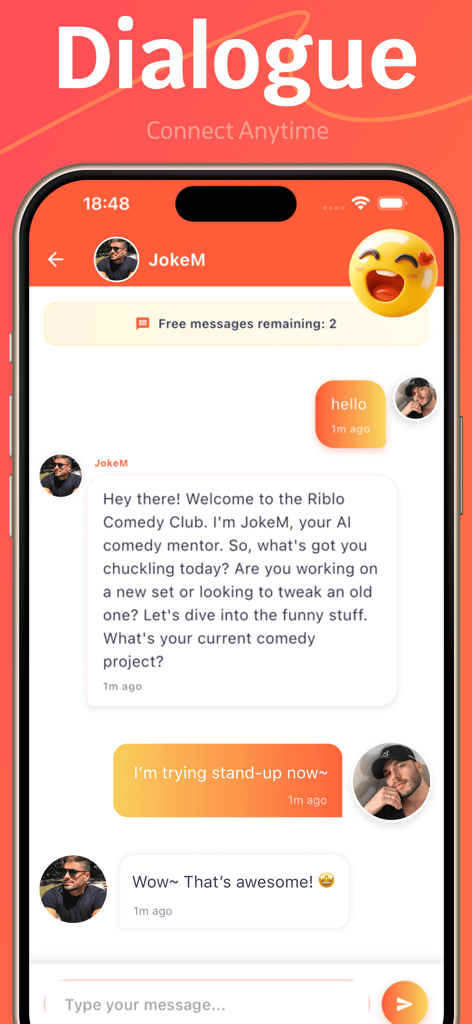 Ribx - Fun & Together - Una interfaz de chat en la aplicación Ribx que muestra una conversación con JokeM, un mentor de comedia de IA, ayudando a un usuario con comedia stand-up.