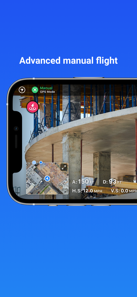 DroneDeploy app interface showcasing advanced manual flight mode with a live view of a construction site