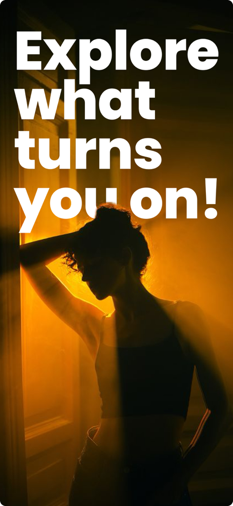 Spicy AI: Spicy Audio Stories - Silhouette of a woman in warm light with text Explore what turns you on