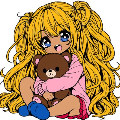 manga girl, long curly hair, happy, cuddling a teddy bear