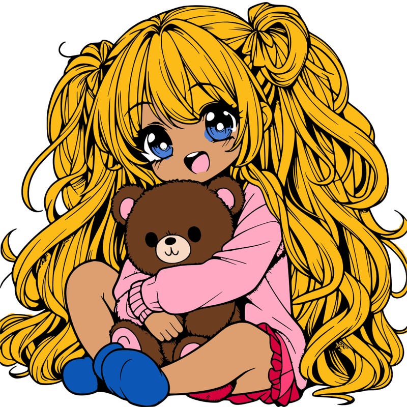 manga girl, long curly hair, happy, cuddling a teddy bear