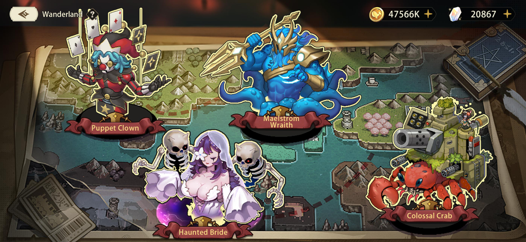 Realms of Pixel - Mapa do jogo Realms of Pixel apresentando os personagens chefes Palhaço Marionete, Espectro do Maelstrom, Noiva Assombrada e Caranguejo Colossal em estilo pixel art.